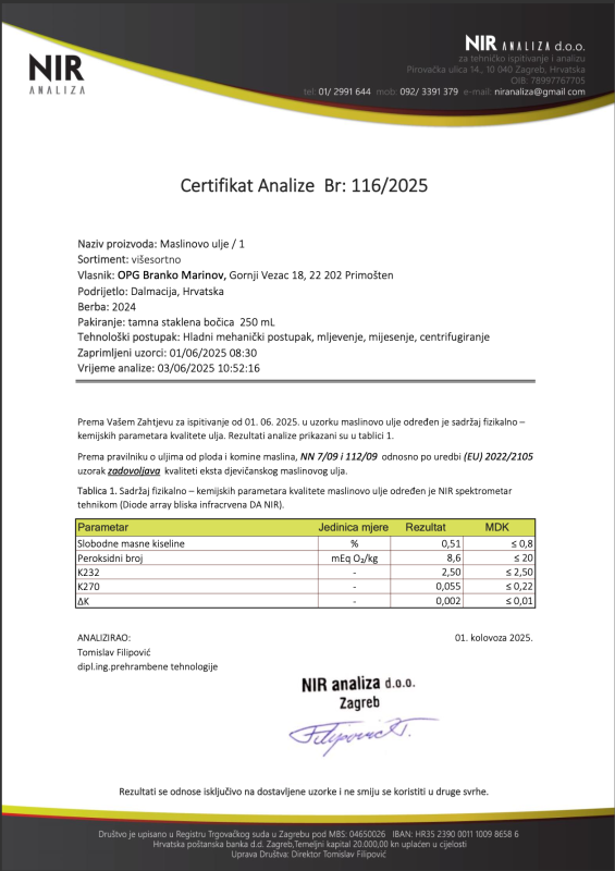 Certifikat analize – ekstra djevičansko dalmatinsko maslinovo ulje OPG Branko Marinov Primošten