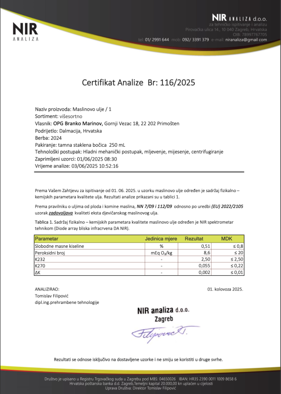 Certificate of Analysis – Croatian extra virgin olive oil OPG Branko Marinov Primošten