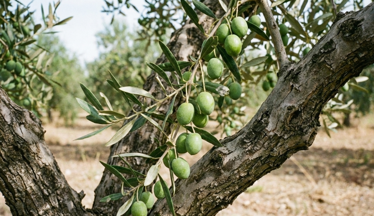 Croatian olive oil olives growing on an olive tree in a traditional Dalmatian olive grove