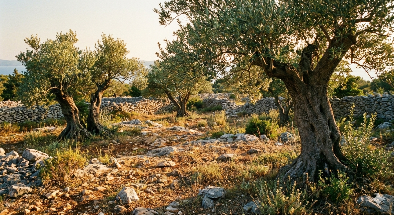 Maslinik u dalmatinskom kršu gdje nastaje naše maslinovo ulje, okružen suhozidima i starim stablima maslina