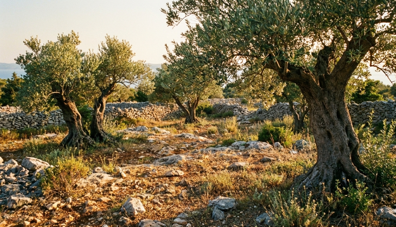 Chorwacka oliwa z oliwek – tradycyjny gaj oliwny w Dalmacji, kamieniste podłoże i stare drzewa oliwne