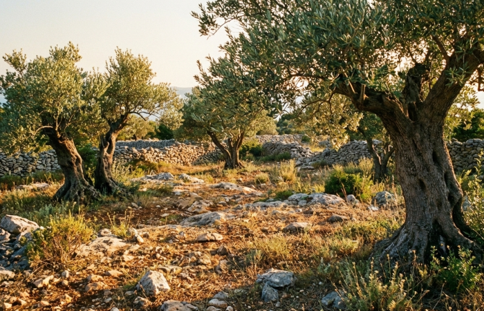 Chorwacka oliwa z oliwek – tradycyjny gaj oliwny w Dalmacji, kamieniste podłoże i stare drzewa oliwne