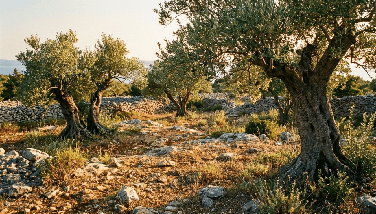 Kroatisches Olivenöl aus Dalmatien – Olivenhain im steinigen Karst bei Primošten