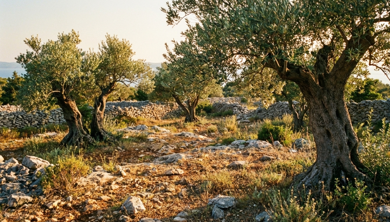 Maslinik u dalmatinskom kršu gdje nastaje naše maslinovo ulje, okružen suhozidima i starim stablima maslina