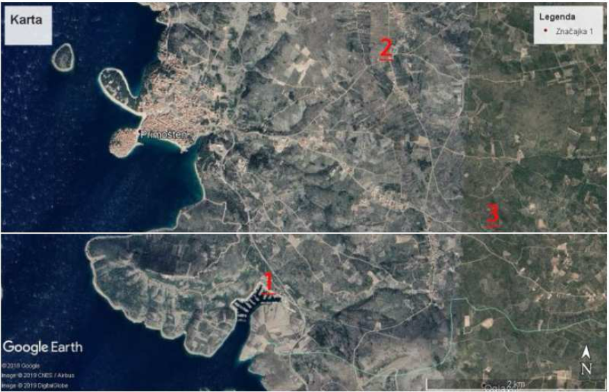 Historia Primoštena – mapa położenia prahistorycznych grodzisk i stanowisk archeologicznych w zapleczu Primoštena