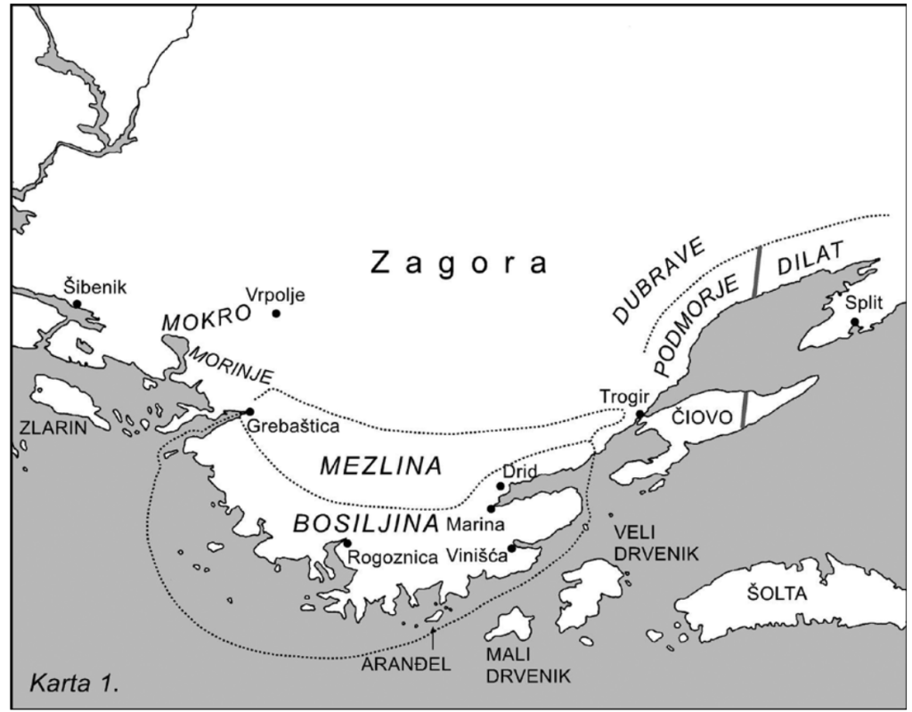 Historia Primoštena – mapa średniowiecznego obszaru Bosiljina i zaplecza Dalmacj