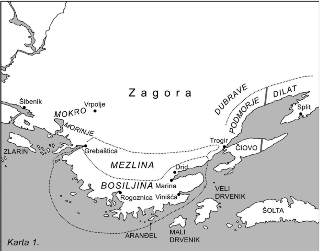 Medieval Bosiljina Region – Spatial Extent Map showing the approximate boundaries of the medieval Bosiljina region in central Dalmatia