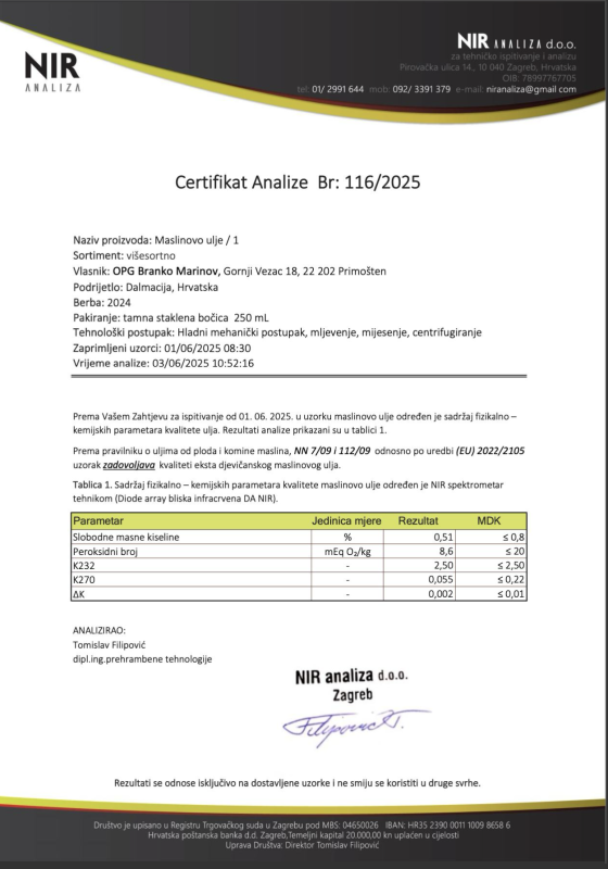 Jak kupić domową oliwę z oliwek – certyfikat jakości OPG Branko Marinov Certyfikat analizy laboratoryjnej pokazujący jak kupić domową oliwę z oliwek bezpośrednio od OPG Branko Marinov