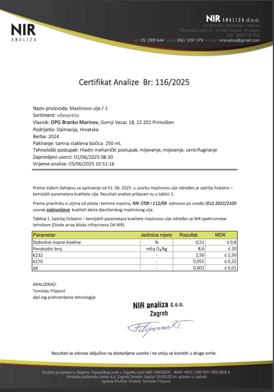 Analysezertifikat für heimisches Olivenöl vom OPG Branko Marinov
