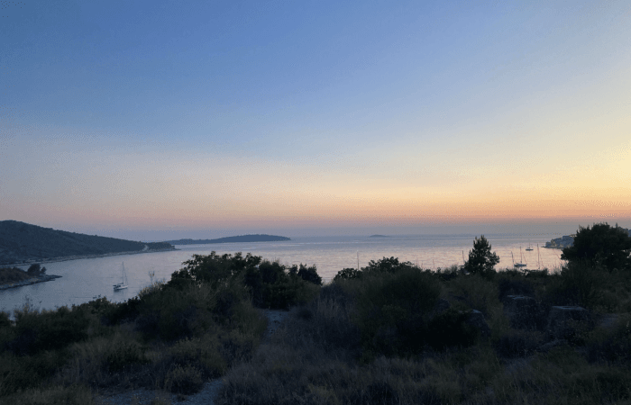 Adriatic Coastal Road above Primošten at sunset with a panoramic view of the Adriatic Sea